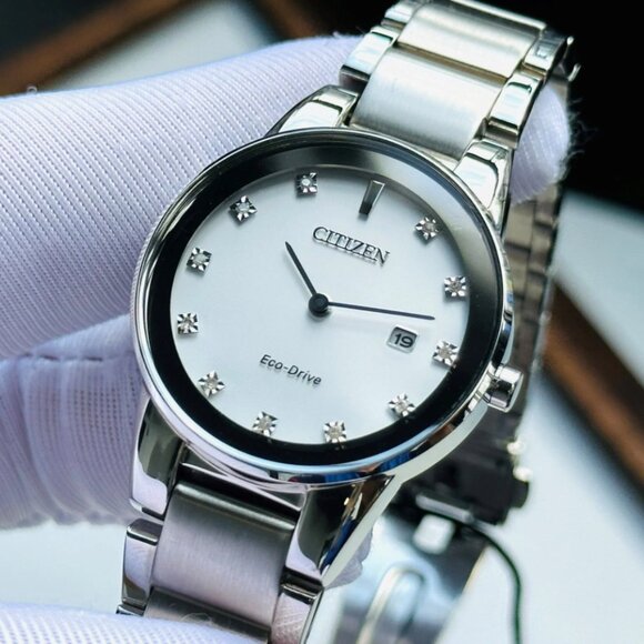 CITIZEN GA1050-51B AXIOM ECODRIVE WHITE DIAMOND DIAL SILVER STEEL WOMENS WATCH